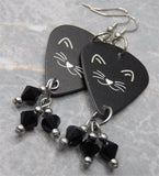 Black Cat Face Guitar Pick Earrings with Black Swarovski Crystals Dangles