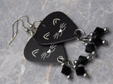 Black Cat Face Guitar Pick Earrings with Black Swarovski Crystals Dangles