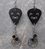 Black Cat Guitar Pick Earrings with Stainless Steel Cat Charms and Black Swarovski Crystal Dangles