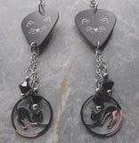 Black Cat Guitar Pick Earrings with Stainless Steel Cat Charms and Black Swarovski Crystal Dangles