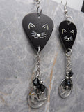 Black Cat Guitar Pick Earrings with Stainless Steel Cat Charms and Black Swarovski Crystal Dangles