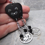 Black Cat Guitar Pick Earrings with Stainless Steel Cat Charms and Black Swarovski Crystal Dangles