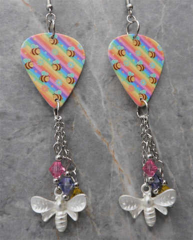 Bumblebees on Colorful Guitar Pick Earrings with Stainless Steel Bee Charms and Swarovski Crystal Dangles