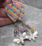 Bumblebees on Colorful Guitar Pick Earrings with Stainless Steel Bee Charms and Swarovski Crystal Dangles