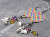 Bumblebees on Colorful Guitar Pick Earrings with Stainless Steel Bee Charms and Swarovski Crystal Dangles