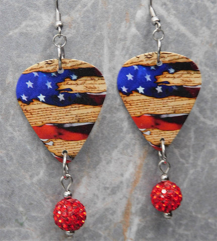 American Flag and The Constitution Guitar Pick Earrings with Red Pave Bead Dangles