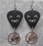 Black Cat Face Guitar Pick Earrings with Stainless Steel Cat Charm Dangles