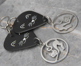 Black Cat Face Guitar Pick Earrings with Stainless Steel Cat Charm Dangles