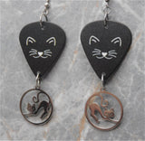 Black Cat Face Guitar Pick Earrings with Stainless Steel Cat Charm Dangles