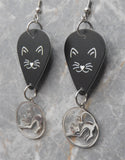 Black Cat Face Guitar Pick Earrings with Stainless Steel Cat Charm Dangles