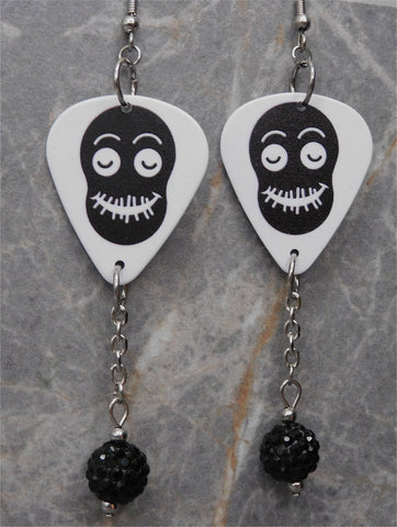 Smiling Ghoul Guitar Pick Earrings with Black Pave Bead Dangles