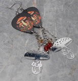 Mushroom Guitar Pick Earrings with Stainless Steel Mushroom Charms and Swarovski Crystal Dangles