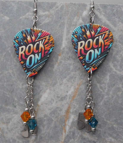 Rock On Guitar Pick Earrings with Stainless Steel Music Note Charms and Swarovski Crystal Dangles