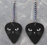 Dangling Pretty Black Cat Face Guitar Pick Earrings with Ion Plated Stainless Steel Chain