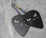 Dangling Pretty Black Cat Face Guitar Pick Earrings with Ion Plated Stainless Steel Chain