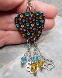 Colorful Paw Print Guitar Pick Earrings with Paw Print Charms and Swarovski Crystal Dangles