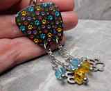 Colorful Paw Print Guitar Pick Earrings with Paw Print Charms and Swarovski Crystal Dangles