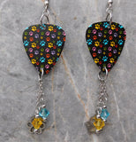 Colorful Paw Print Guitar Pick Earrings with Paw Print Charms and Swarovski Crystal Dangles