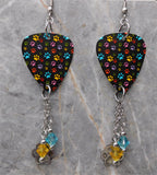 Colorful Paw Print Guitar Pick Earrings with Paw Print Charms and Swarovski Crystal Dangles