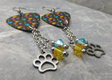 Colorful Paw Print Guitar Pick Earrings with Paw Print Charms and Swarovski Crystal Dangles