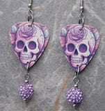 Illustrated Purple Skull with a Rose Guitar Pick Earrings with Violet Pave Bead Dangles