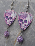 Illustrated Purple Skull with a Rose Guitar Pick Earrings with Violet Pave Bead Dangles