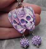 Illustrated Purple Skull with a Rose Guitar Pick Earrings with Violet Pave Bead Dangles