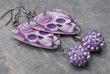 Illustrated Purple Skull with a Rose Guitar Pick Earrings with Violet Pave Bead Dangles