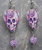 Illustrated Purple Skull with a Rose Guitar Pick Earrings with Violet Pave Bead Dangles