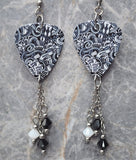 Music Inspired Black and White Graffiti Style Guitar Pick Earrings with Swarovski Crystal Dangles