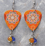 Orange and Blue Mandala Guitar Pick Earrings with Swarovski Crystal Dangles