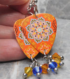 Orange and Blue Mandala Guitar Pick Earrings with Swarovski Crystal Dangles