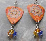 Orange and Blue Mandala Guitar Pick Earrings with Swarovski Crystal Dangles