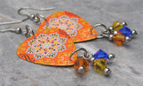 Orange and Blue Mandala Guitar Pick Earrings with Swarovski Crystal Dangles