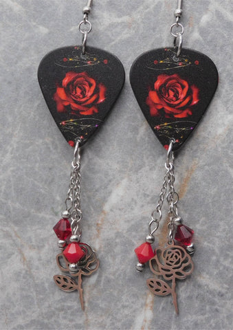 Deep Red Rose on Black Guitar Pick Earrings with Stainless Steel Rose Charms and Swarovski Crystal Dangles