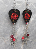 Deep Red Rose on Black Guitar Pick Earrings with Stainless Steel Rose Charms and Swarovski Crystal Dangles