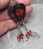 Deep Red Rose on Black Guitar Pick Earrings with Stainless Steel Rose Charms and Swarovski Crystal Dangles