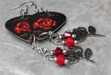 Deep Red Rose on Black Guitar Pick Earrings with Stainless Steel Rose Charms and Swarovski Crystal Dangles