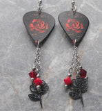 Deep Red Rose on Black Guitar Pick Earrings with Stainless Steel Rose Charms and Swarovski Crystal Dangles