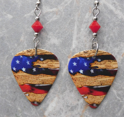 American Flag and The Constitution Guitar Pick Earrings with Red Swarovski Crystals