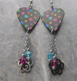 Colorful Paw Print Guitar Pick Earrings with Paw Print and Heart Charms and Swarovski Crystal Dangles