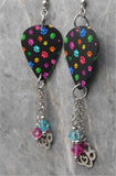 Colorful Paw Print Guitar Pick Earrings with Paw Print and Heart Charms and Swarovski Crystal Dangles