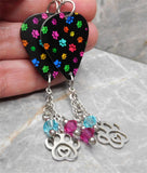 Colorful Paw Print Guitar Pick Earrings with Paw Print and Heart Charms and Swarovski Crystal Dangles