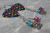 Colorful Paw Print Guitar Pick Earrings with Paw Print and Heart Charms and Swarovski Crystal Dangles