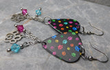 Colorful Paw Print Guitar Pick Earrings with Paw Print and Heart Charms and Swarovski Crystal Dangles