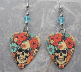 Skull and Flowers Matte Guitar Pick Earrings with Light Turquoise Swarovski Crystals