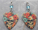 Skull and Flowers Matte Guitar Pick Earrings with Light Turquoise Swarovski Crystals