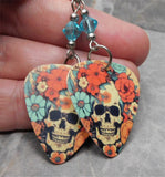 Skull and Flowers Matte Guitar Pick Earrings with Light Turquoise Swarovski Crystals