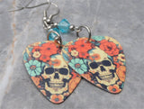 Skull and Flowers Matte Guitar Pick Earrings with Light Turquoise Swarovski Crystals