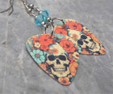 Skull and Flowers Matte Guitar Pick Earrings with Light Turquoise Swarovski Crystals